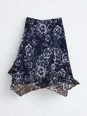 Vtg Y2K Charter Club Black White Floral Print Sheer Lined Silk Skirt Size M